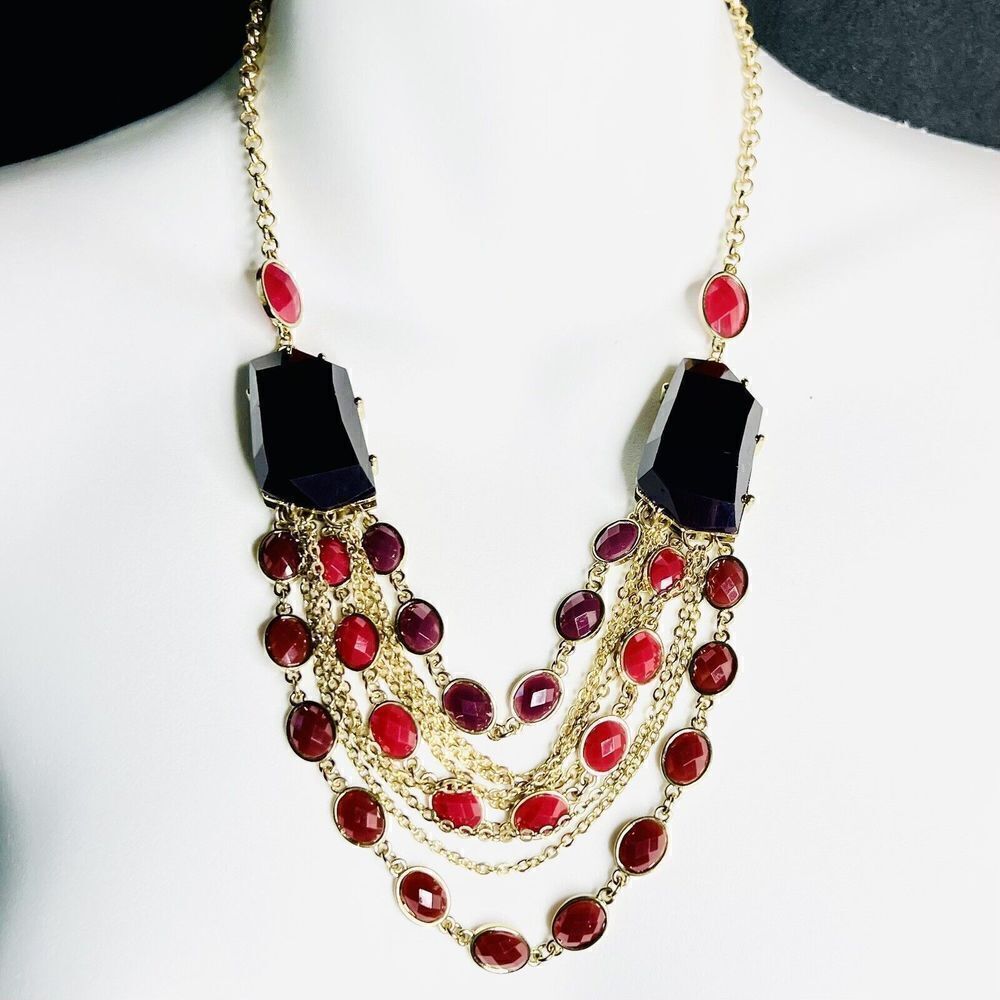 Statement Red Black Resin Stone Layered Multi Strand Bib Necklace Gold Tone 1092
